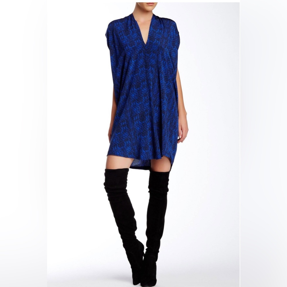 Vince Blue Black Double V Neck Oversized Silk Shift Dress Tunic